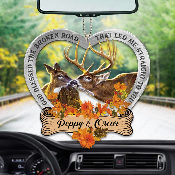 Floral Couple Deer God Blessed Personalized Acrylic Car Ornament, Perfect Christmas Gift For Couple Hunting