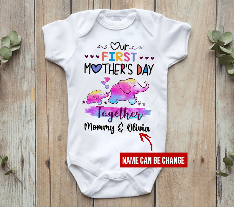Personalized First Mother's Day Colorful Elephant Together Baby Gift For Mom And Baby Newborn Onesies - HN15