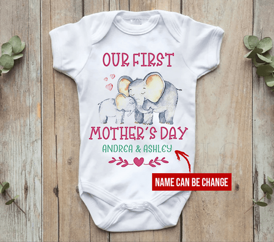 Personalized First Mother's Day Baby Gift For Mom And Baby Newborn Onesies Mom And Baby Elephant - HN10