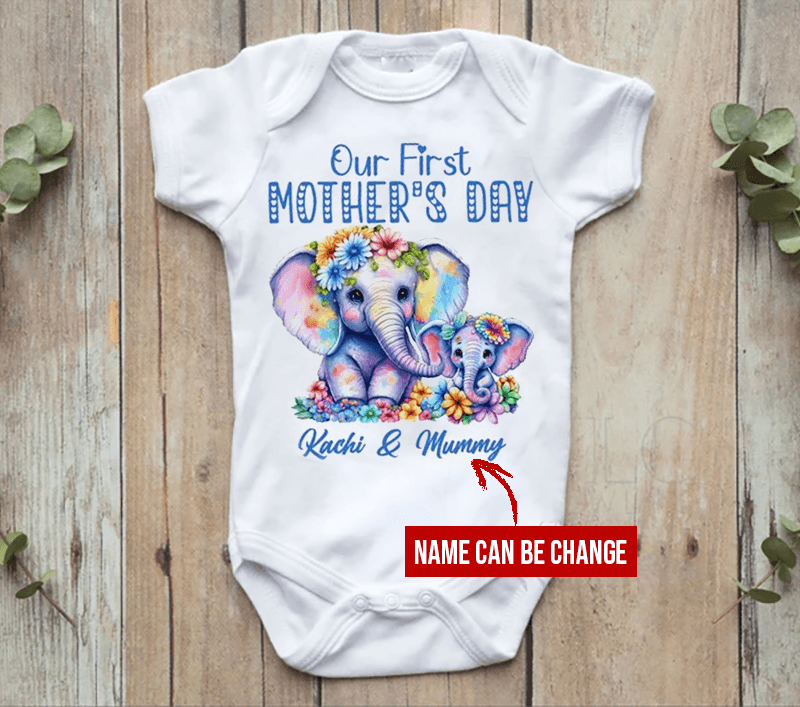 Personalized First Mother's Day Elephant Baby Gift For Mom And Baby Newborn Onesies - HN09