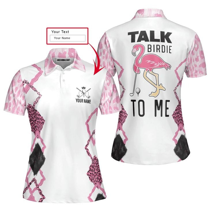 Customized Name Golf Women Polo Shirts, Pink Leopard Personalized Talk Birdie To Me Flamingo Shirts - Perfect Gift For Ladies Golf Lovers, Golfers