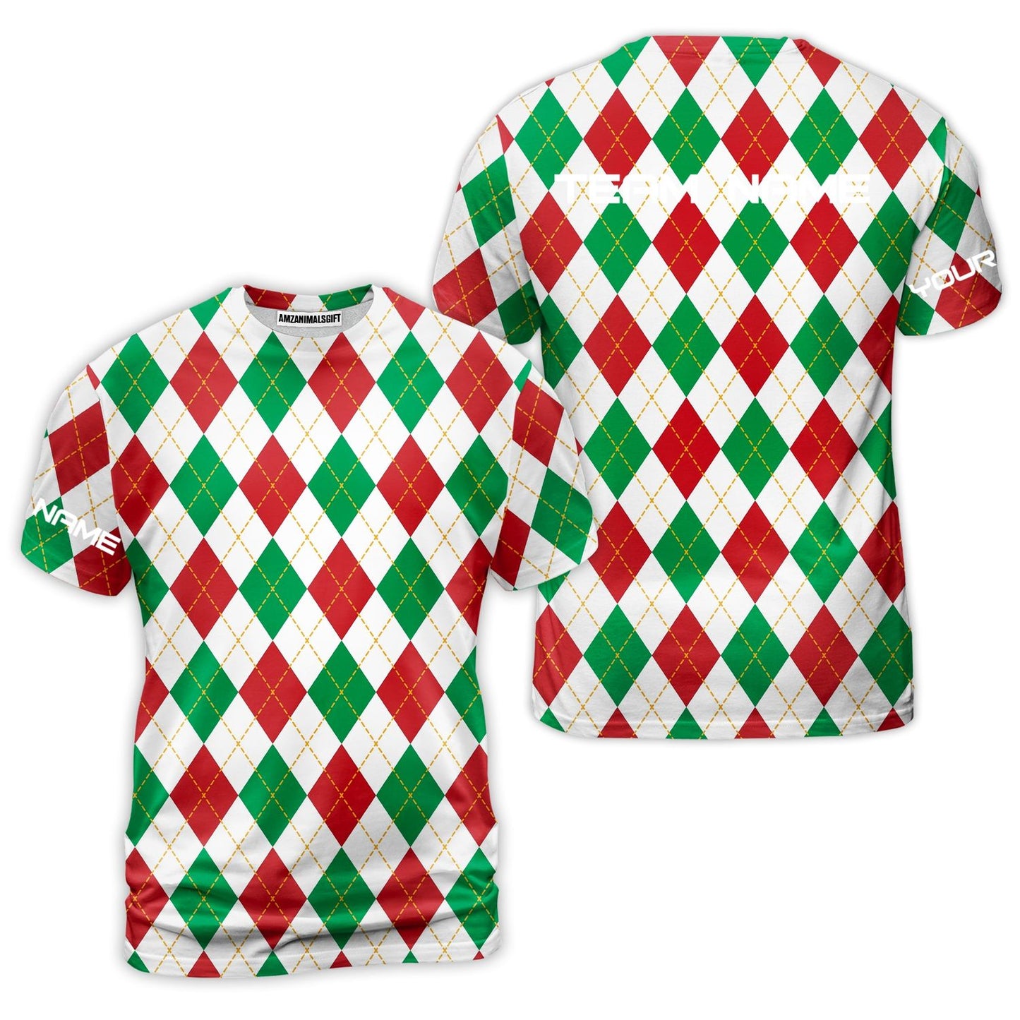 Christmas Plaid Argyle Pattern Golf T Shirt - Custom Name Apparel - Personalized Gift For Golf Lover, Team