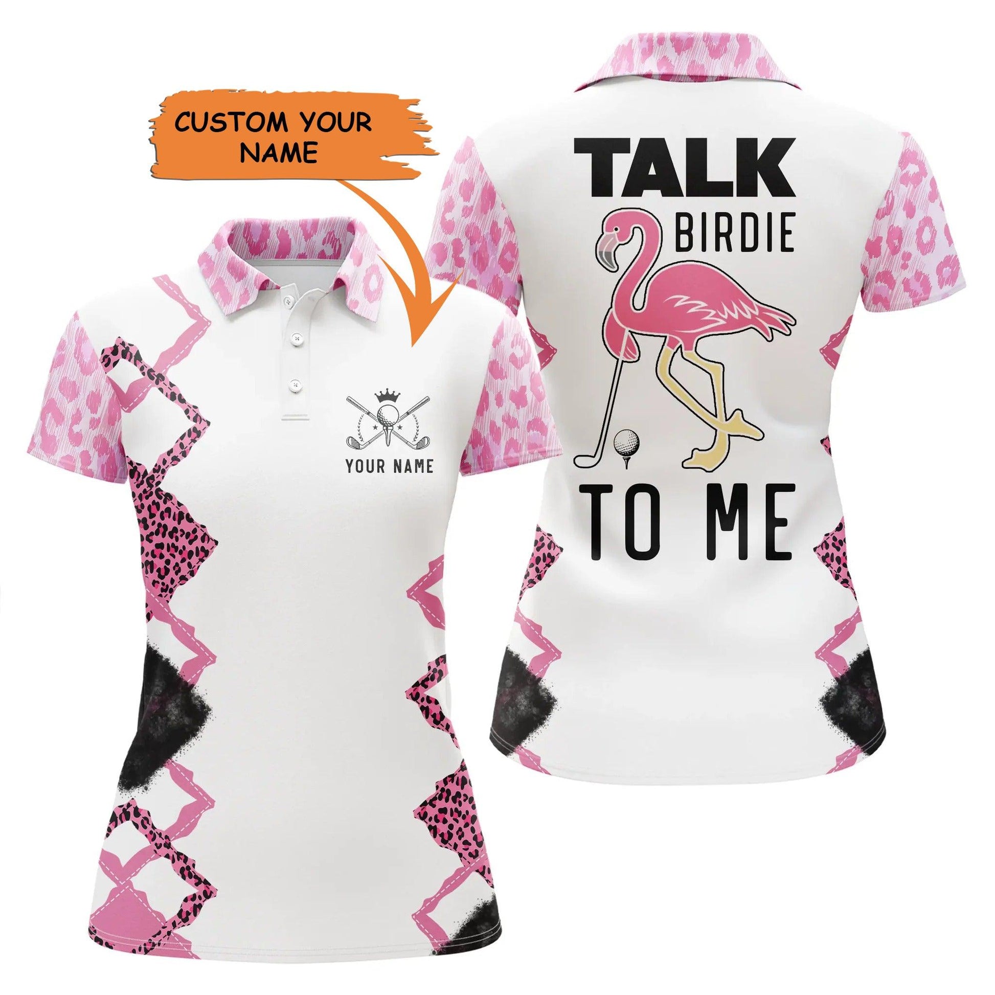 Golf Custom Name Women Polo Shirt, Funny Pink Leopard Flamingo Talk Birdie To Me Personalized Women Polo Shirt - Perfect Gift For Golf Lovers, Golfers - Cerigifts