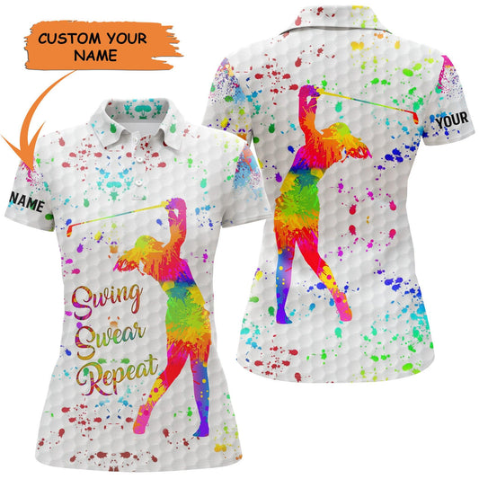 Golf Custom Name Women Polo Shirt, Golf Shirt Watercolor Swing Swear Repeat Personalized Women Polo Shirt - Gift For Ladies, Golf Lovers, Golfers - Cerigifts