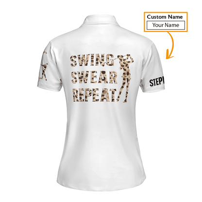 Golf Custom Name Women Polo Shirt, Leopard Pattern American Flag 4th of July Personalized Women Polo Shirts, Gift For Golfers, Swing Swear Repeat - Cerigifts