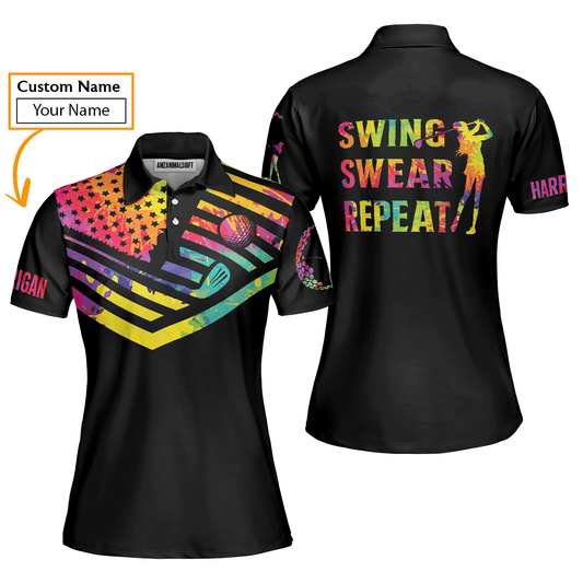 Golf Custom Name Women Polo Shirt, Swing Swear Repeat, Watercolor American Flag Black Personalized Women Polo Shirts, Gift For Female Golfer - Cerigifts