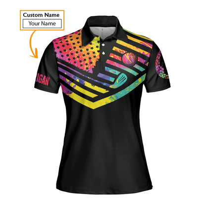 Golf Custom Name Women Polo Shirt, Swing Swear Repeat, Watercolor American Flag Black Personalized Women Polo Shirts, Gift For Female Golfer - Cerigifts