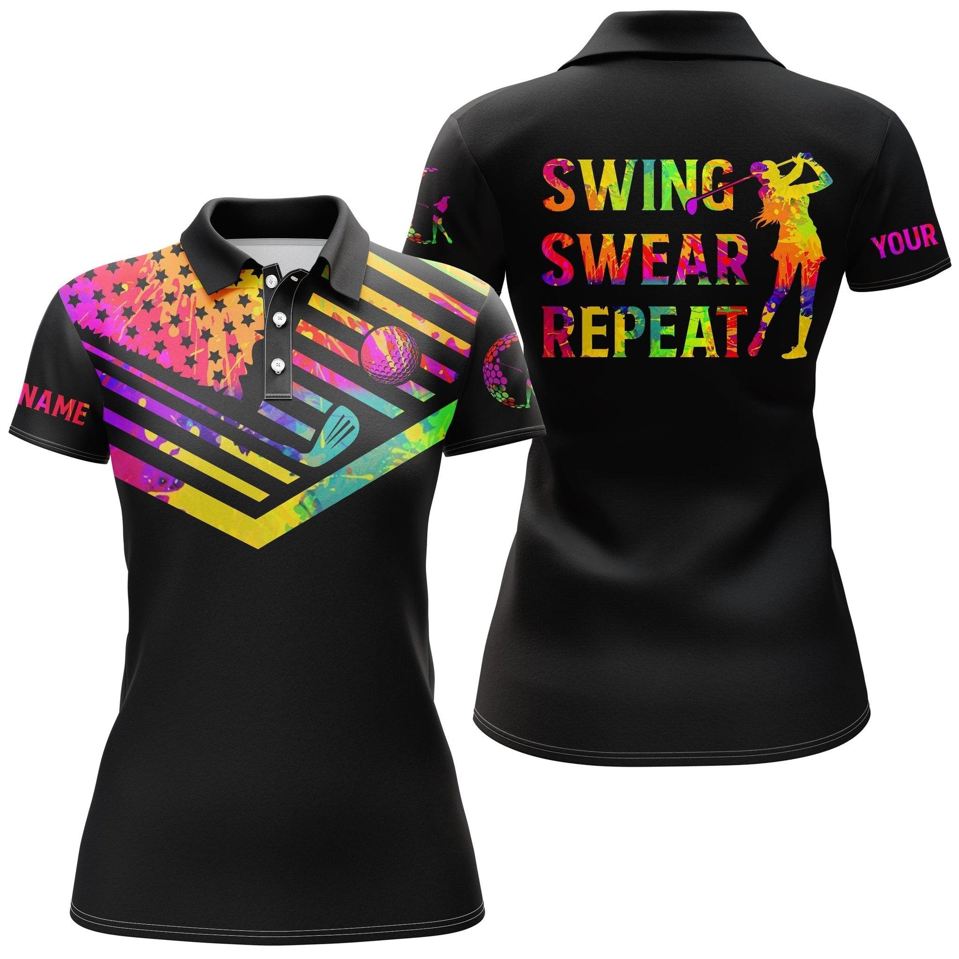 Golf Custom Name Women Polo Shirt, Swing Swear Repeat, Watercolor American Flag Black Personalized Women Polo Shirts, Gift For Female Golfer - Cerigifts