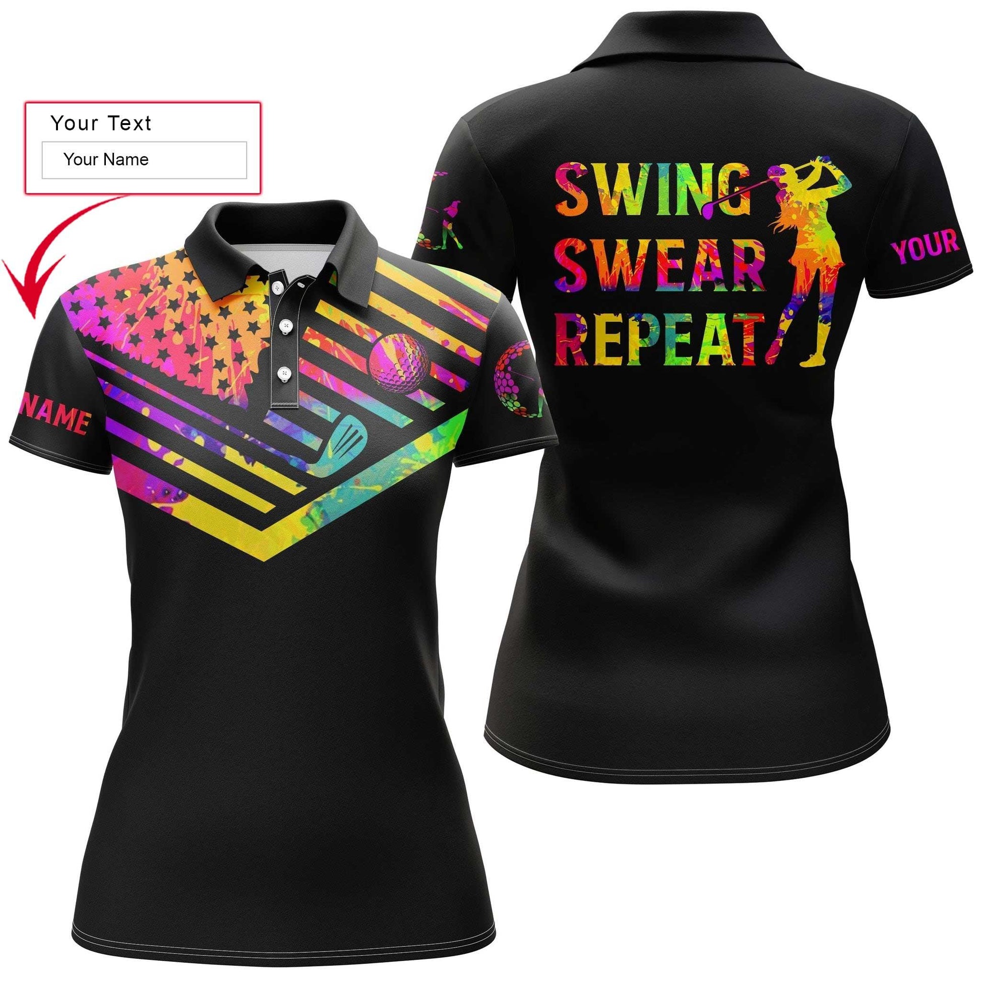 Golf Custom Name Women Polo Shirt, Swing Swear Repeat, Watercolor American Flag Black Personalized Women Polo Shirts, Gift For Female Golfer - Cerigifts