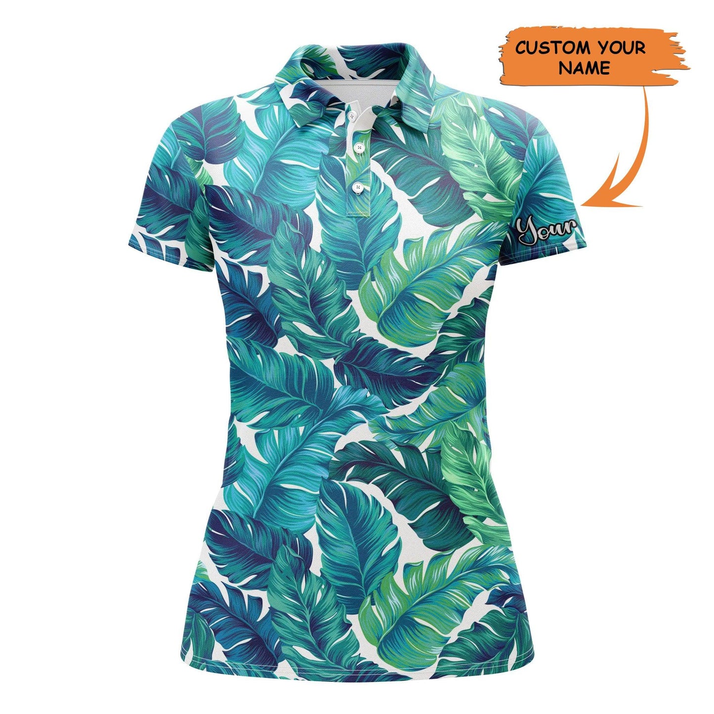 Golf Custom Name Women Polo Shirt, Turquoise And Green Tropical Leaves Personalized Women Polo Shirt - Perfect Gift For Ladies, Golf Lovers, Golfers - Cerigifts