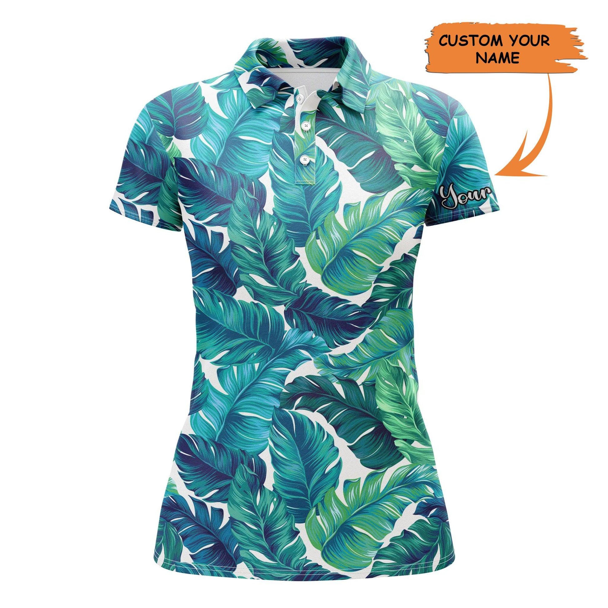 Golf Custom Name Women Polo Shirt, Turquoise And Green Tropical Leaves Personalized Women Polo Shirt - Perfect Gift For Ladies, Golf Lovers, Golfers - Cerigifts