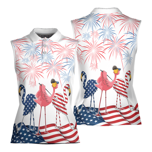 Golf Flamingo American Flag 4th Of July Women Polo Shirt, 4th Of July Patriotic Funny Flamingo Women Polo Shirt - Gift For Mother's Day, Golfers, Female - Cerigifts