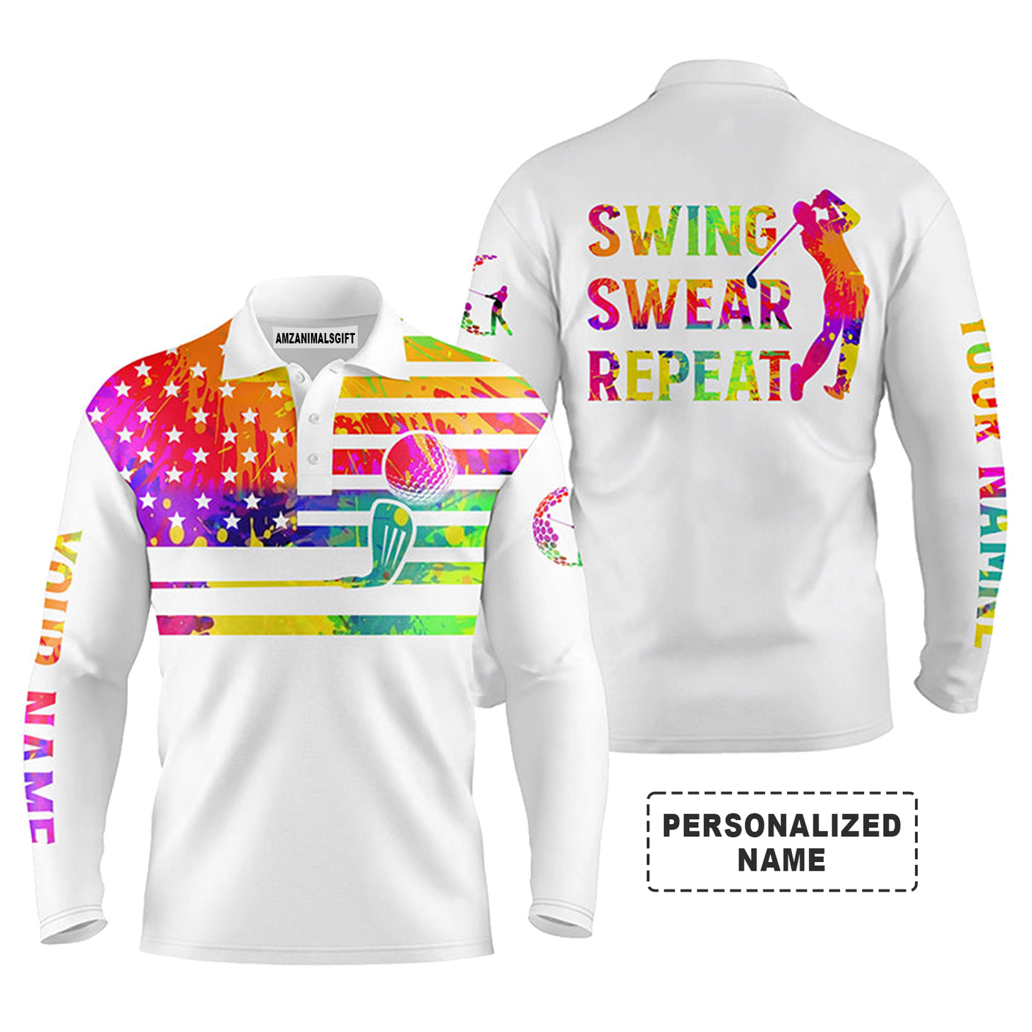Golf Men Polo Shirt - Funny Watercolor American Flag Custom Name White Apparel - Swing Swear Repeat Men Golf Polo Shirt - Personalized Gift For Golf Lover
