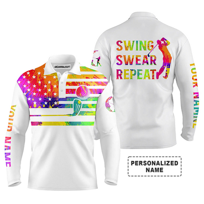 Golf Men Polo Shirt - Funny Watercolor American Flag Custom Name White Apparel - Swing Swear Repeat Men Golf Polo Shirt - Personalized Gift For Golf Lover