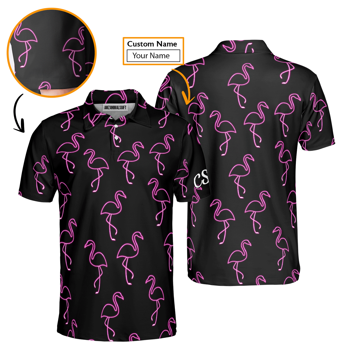 Golf Men Polo Shirt - Custom Name Neon Pink Flamingos Pattern Apparel - Personalized Gift For Golf Lover, Team, Husband, Boyfriend, Men - Cerigifts