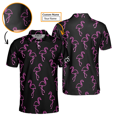 Golf Men Polo Shirt - Custom Name Neon Pink Flamingos Pattern Apparel - Personalized Gift For Golf Lover, Team, Husband, Boyfriend, Men - Cerigifts