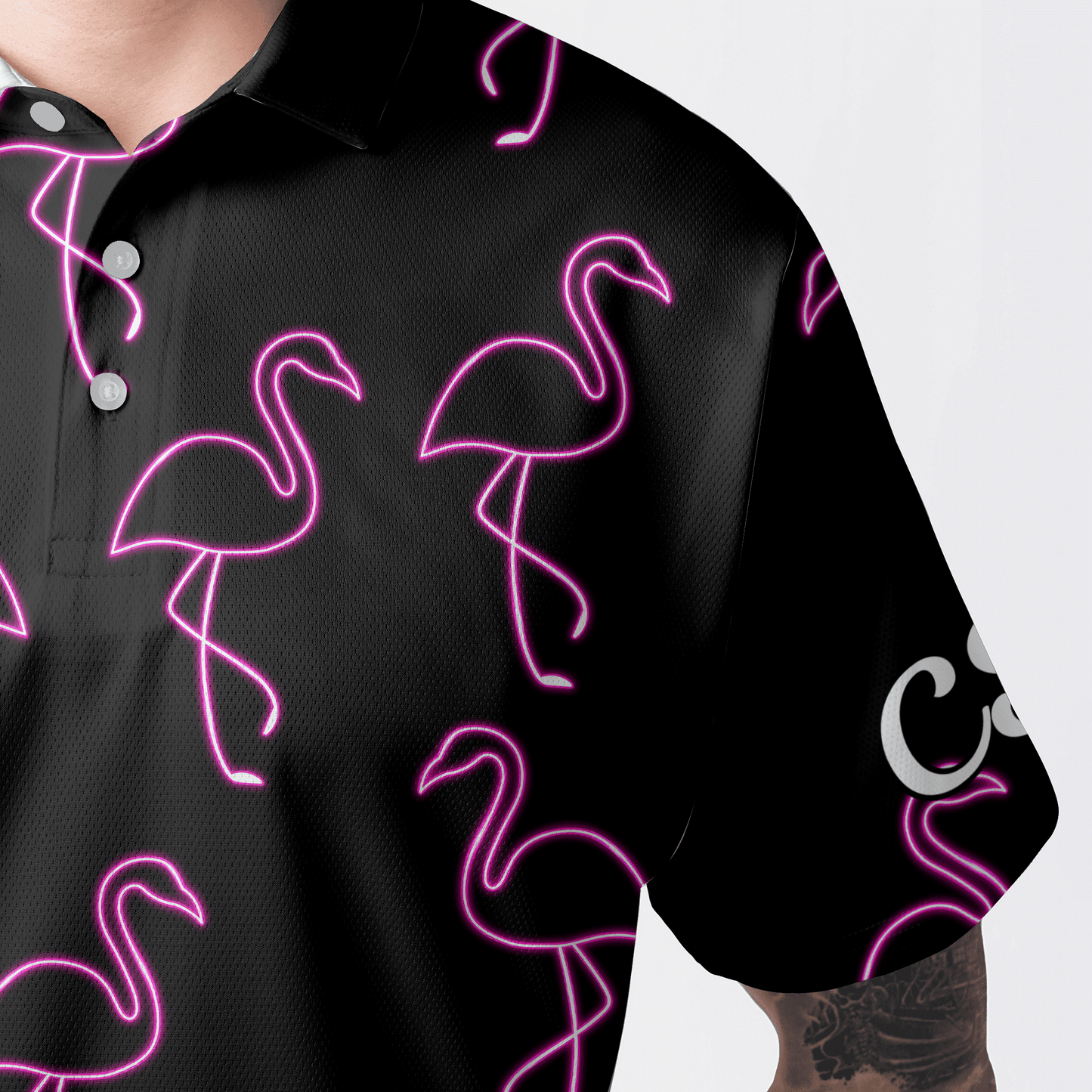 Golf Men Polo Shirt - Custom Name Neon Pink Flamingos Pattern Apparel - Personalized Gift For Golf Lover, Team, Husband, Boyfriend, Men - Cerigifts