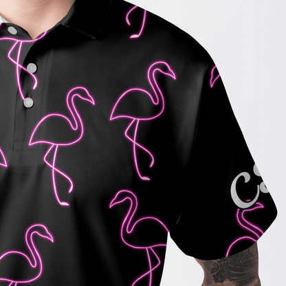Golf Men Polo Shirt - Custom Name Neon Pink Flamingos Pattern Apparel - Personalized Gift For Golf Lover, Team, Husband, Boyfriend, Men - Cerigifts