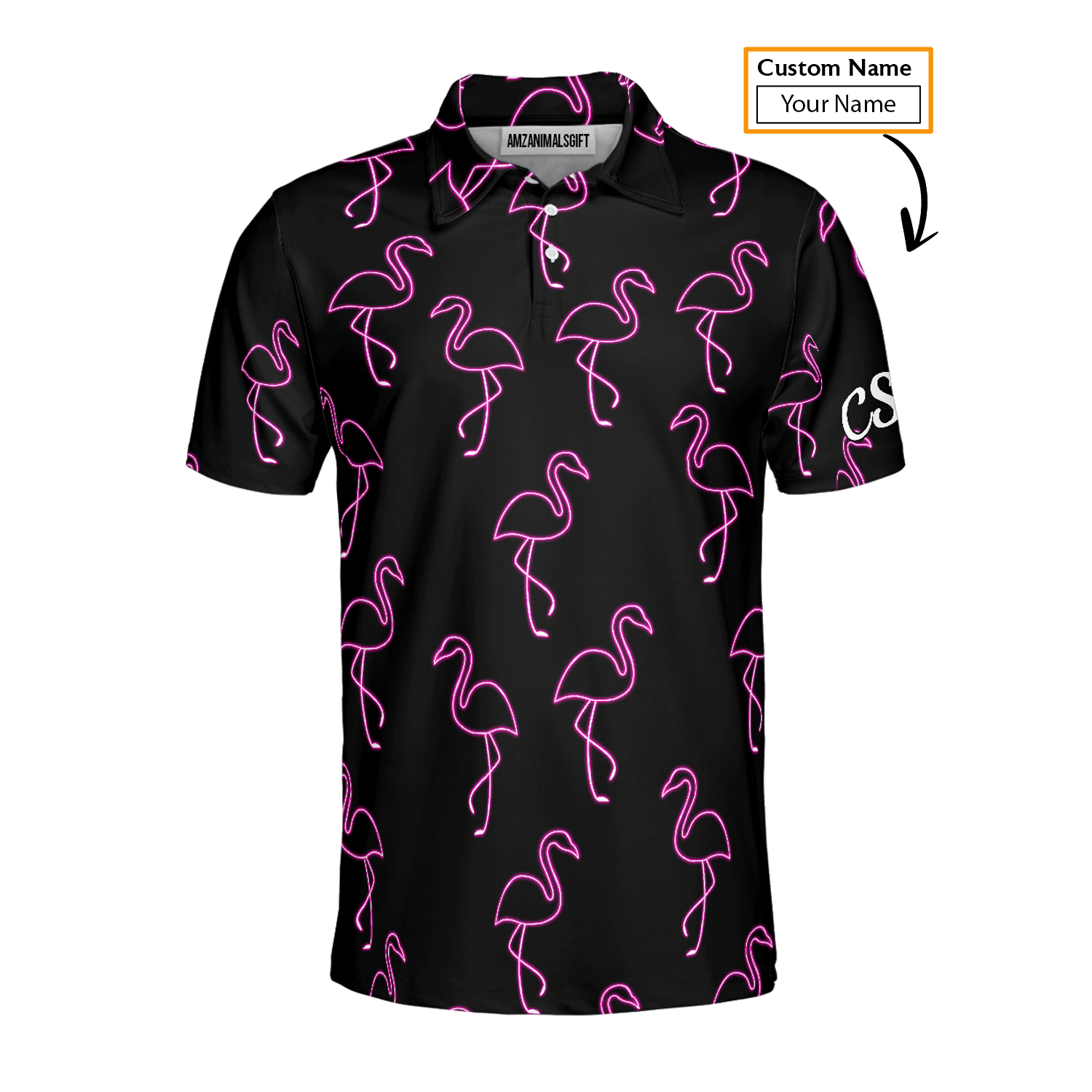 Golf Men Polo Shirt - Custom Name Neon Pink Flamingos Pattern Apparel - Personalized Gift For Golf Lover, Team, Husband, Boyfriend, Men - Cerigifts