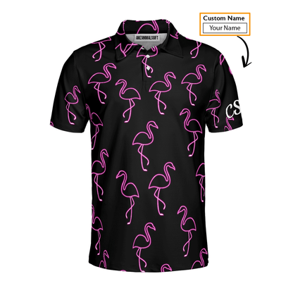 Golf Men Polo Shirt - Custom Name Neon Pink Flamingos Pattern Apparel - Personalized Gift For Golf Lover, Team, Husband, Boyfriend, Men - Cerigifts