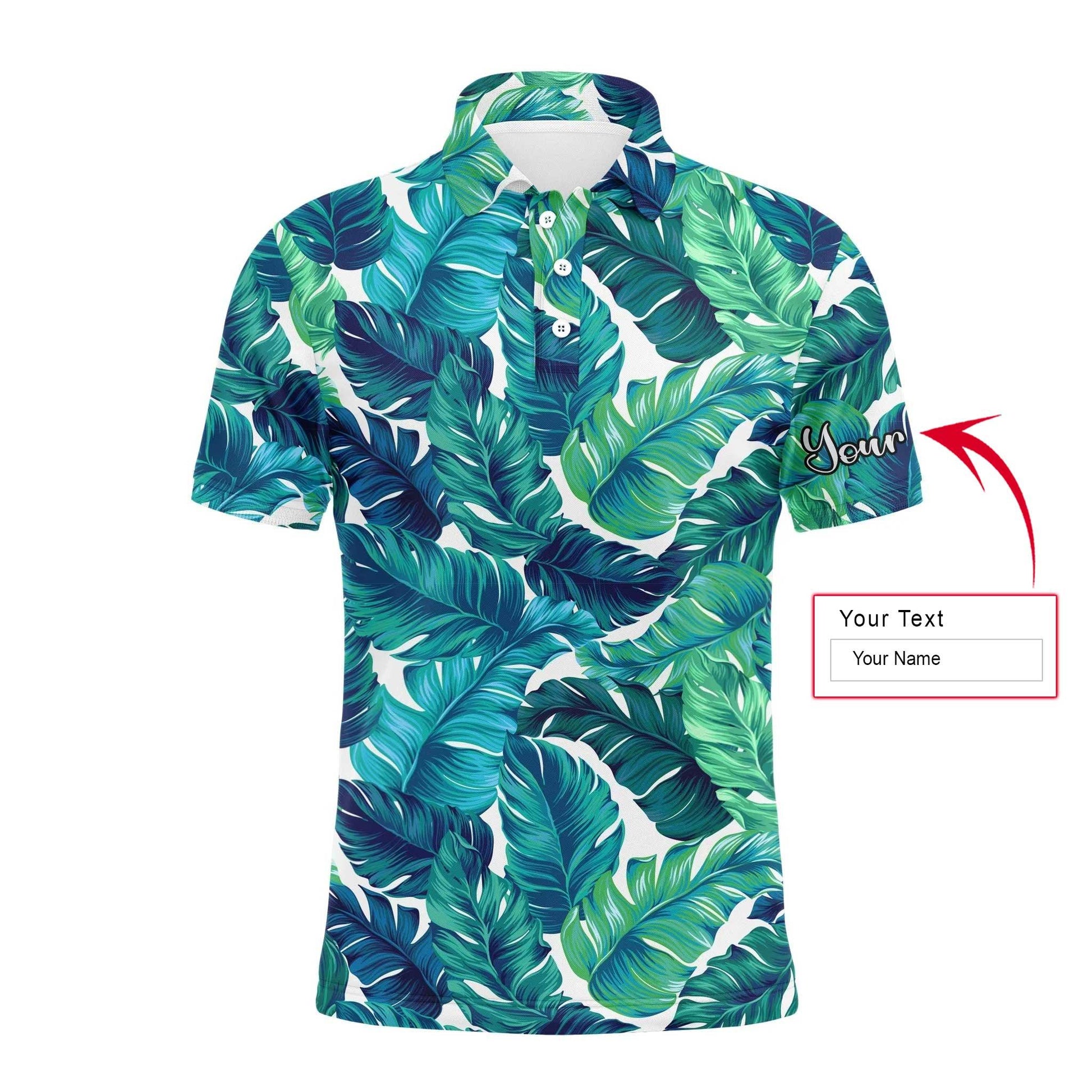 Golf Men Polo Shirt - Custom Name Turquoise And Green Tropical Leaves Apparel - Personalized Gift For Golf Lover, Male, Husband, Team Golf - Cerigifts