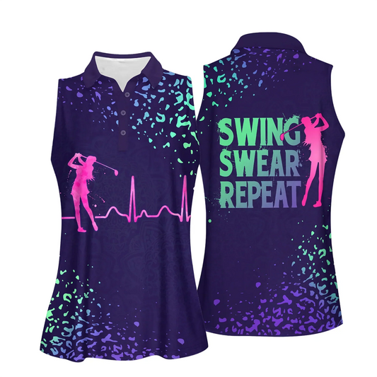 Golf Women Polo Shirt, Gradient Leopard Pattern Swing Swear Repeat Golf Clubs Heartbeat Women Polo Shirt - Gift For Mother's Day, Golfers, Female - Cerigifts