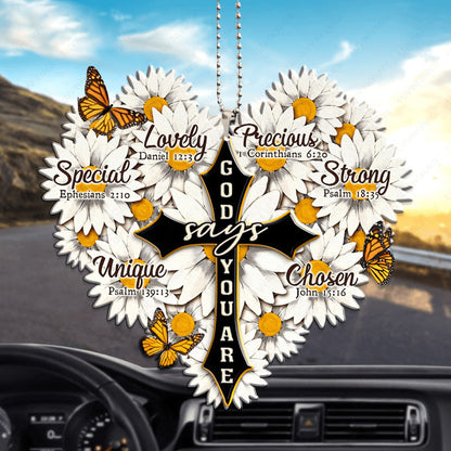 Daisy Heart With Cross God Says You Are Acrylic Car Ornament, Perfect Christmas Gift For Family, Friends