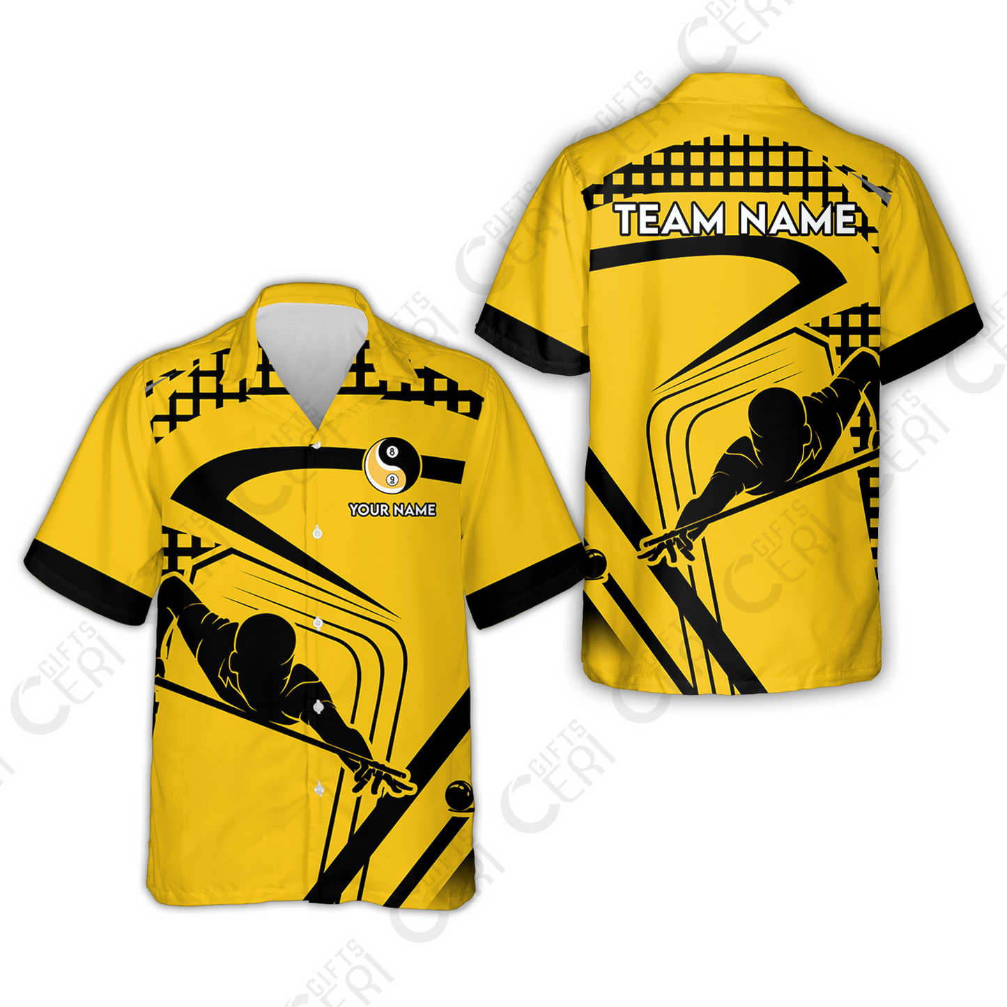 Customized Billiards Hawaiian Shirt, Personalized Yellow Slash Yin Yang 8 9 Ball Jersey Gift For Billiard Players