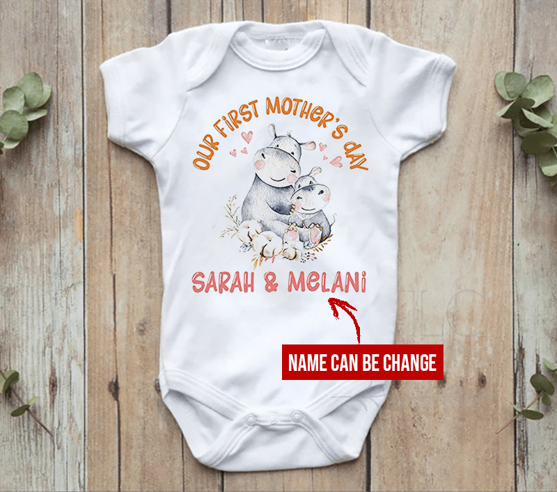 Personalized First Mother's Day Hippo Baby Gift For Mom And Baby Newborn Onesies - HN07