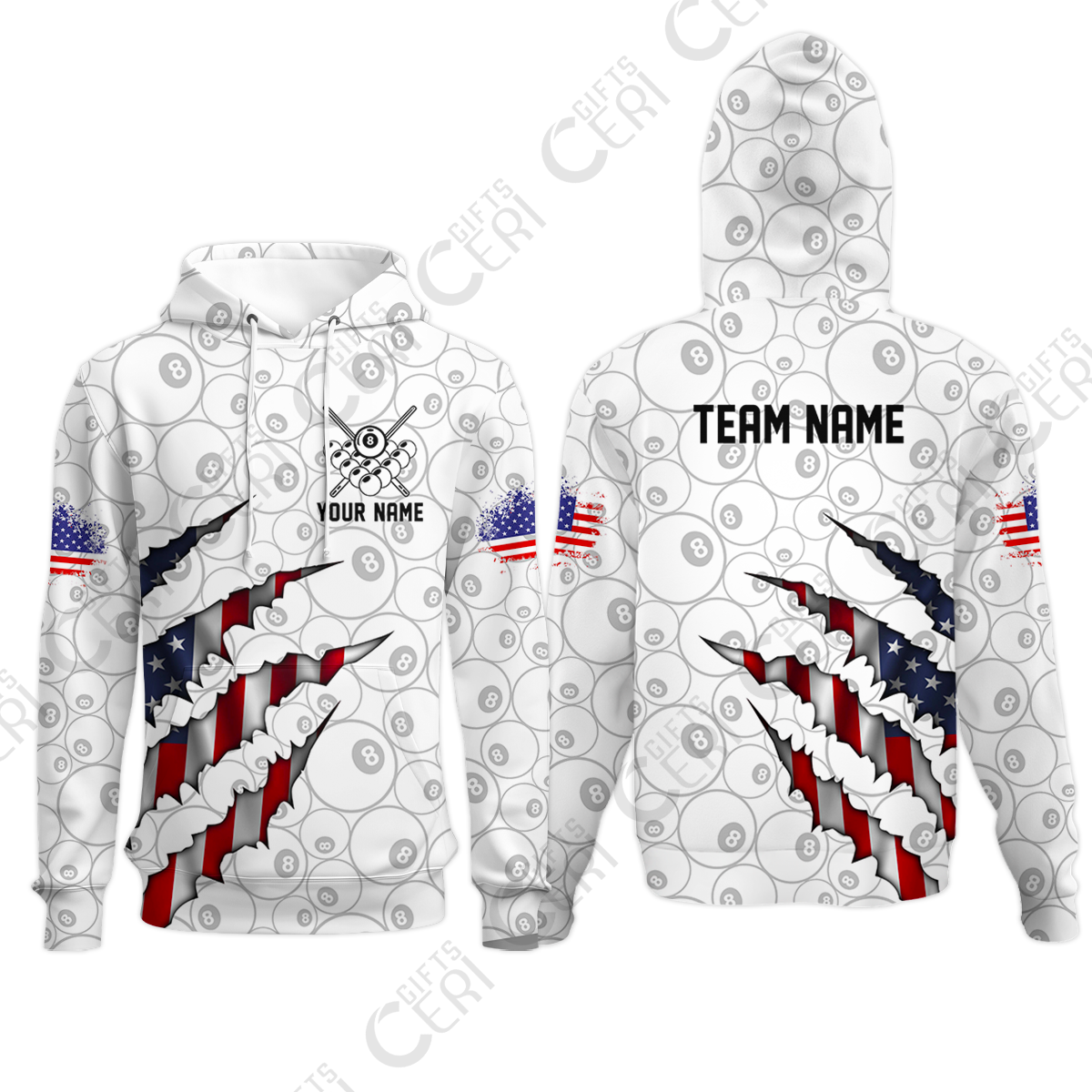 Customized Billiards Hoodies, Personalized American Flag Scratch 8 Ball Jersey Gift For Billiard Players