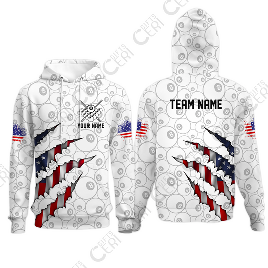 Customized Billiards Hoodies, Personalized American Flag Scratch 8 Ball Jersey Gift For Billiard Players