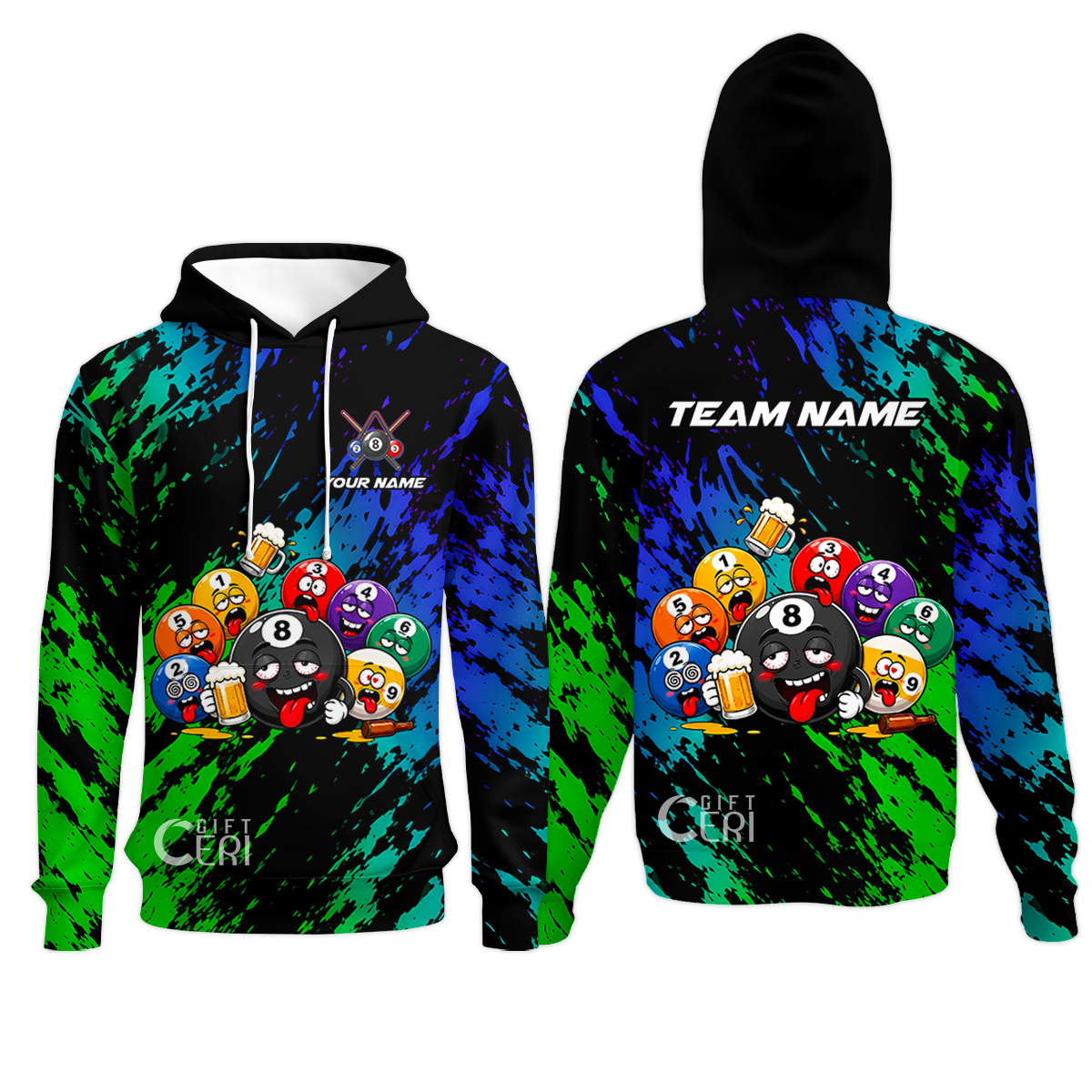Customized 8 And 9 Ball Pool Hoodie Drunk 8 Ball Holding Beer Billiard Jerseys Custom Name And Team Name