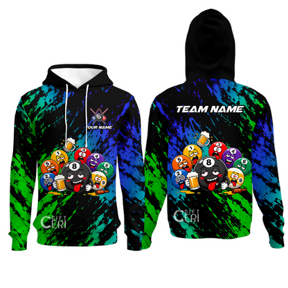 Customized 8 And 9 Ball Pool Hoodie Drunk 8 Ball Holding Beer Billiard Jerseys Custom Name And Team Name
