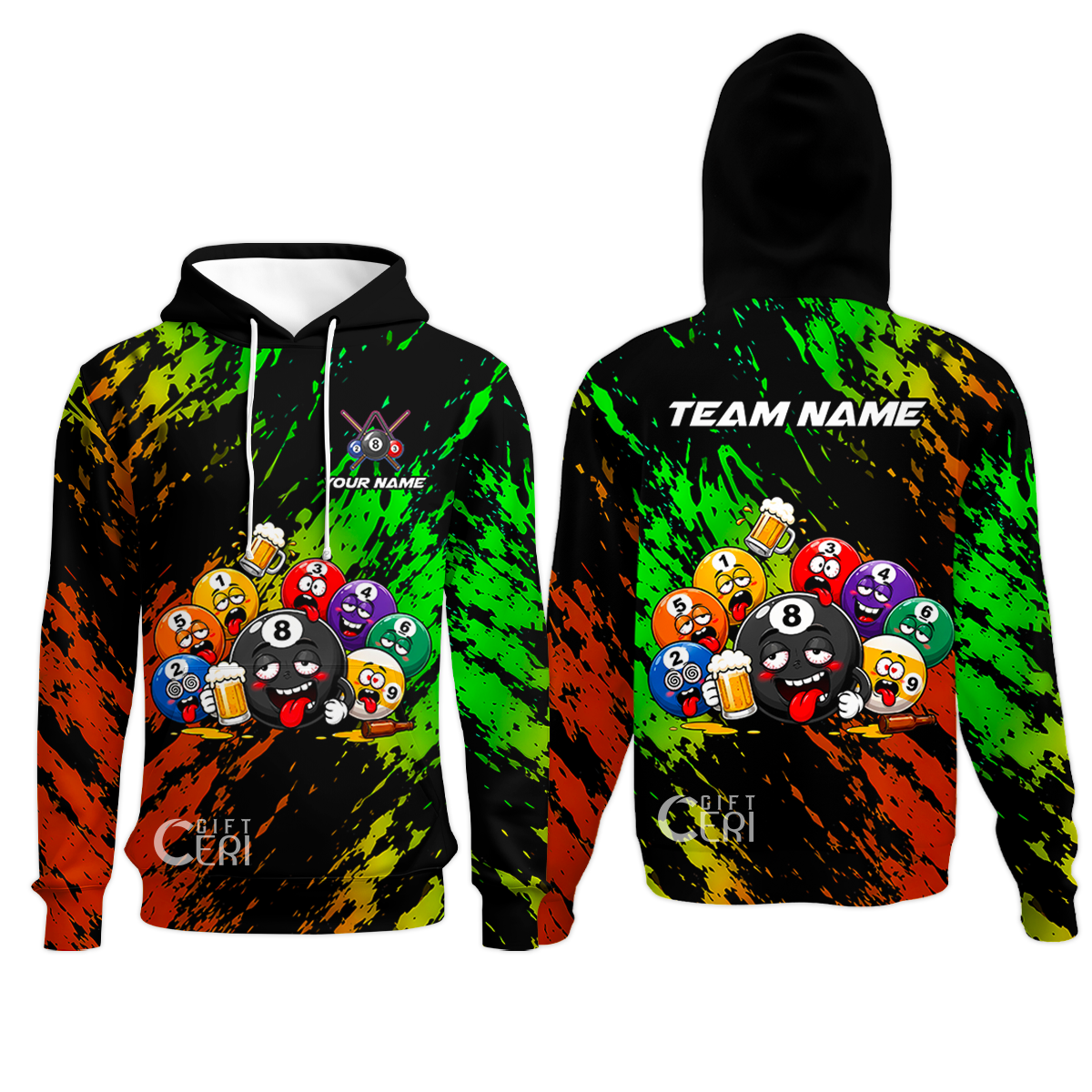 Customized 8 And 9 Ball Pool Hoodie Drunk 8 Ball Holding Beer Billiard Jerseys Custom Name And Team Name
