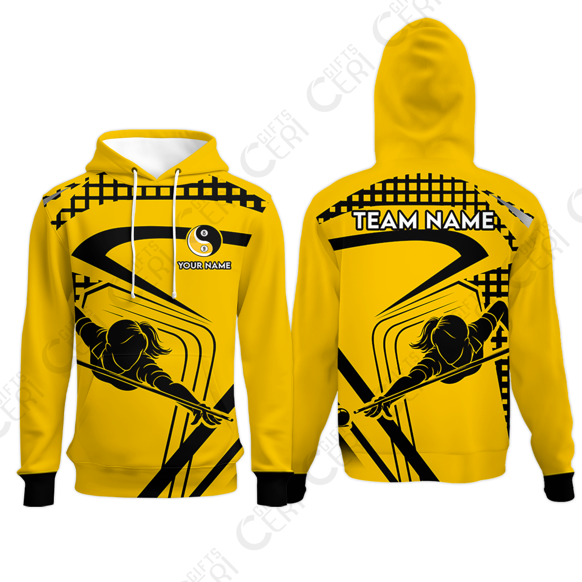 Customized Billiards Hoodies, Personalized Yellow Slash Yin Yang 8 9 Ball Jersey Gift For Billiard Players