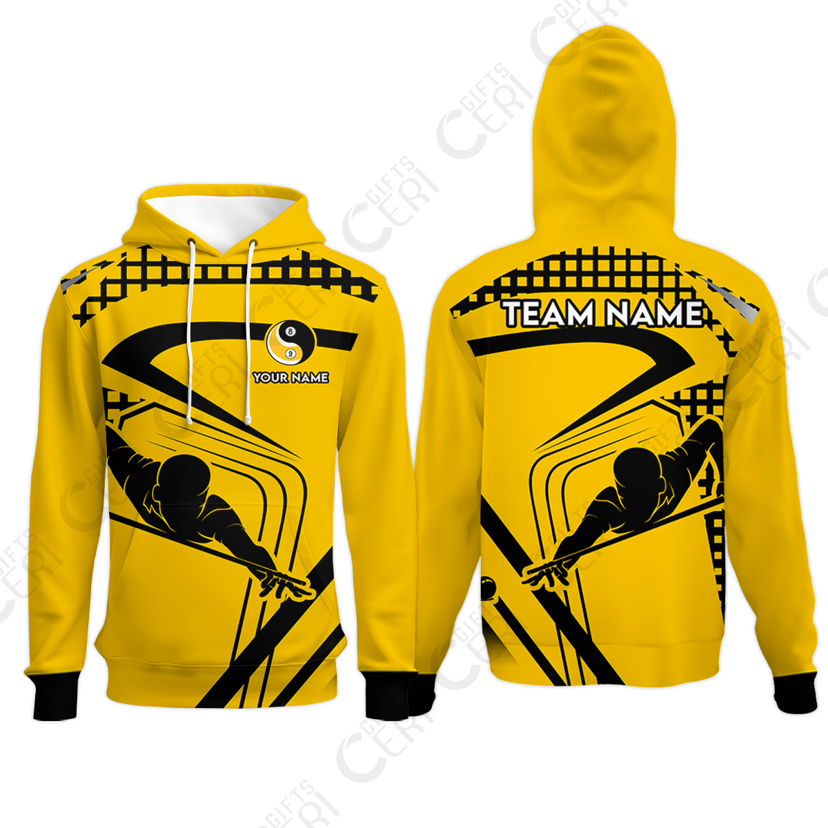 Customized Billiards Hoodies, Personalized Yellow Slash Yin Yang 8 9 Ball Jersey Gift For Billiard Players