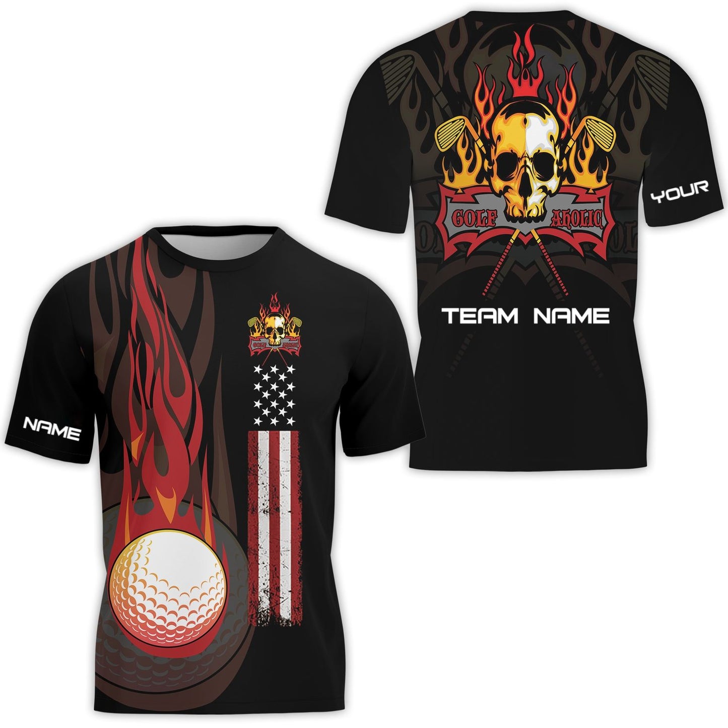 Golf T-Shirt - Flame Skull Golf Ball American Flag Custom Name Apparel - Personalized Gift For Golf Lover, Team, Husband, Men, Patriotic
