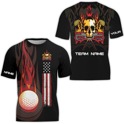 Golf T-Shirt - Flame Skull Golf Ball American Flag Custom Name Apparel - Personalized Gift For Golf Lover, Team, Husband, Men, Patriotic