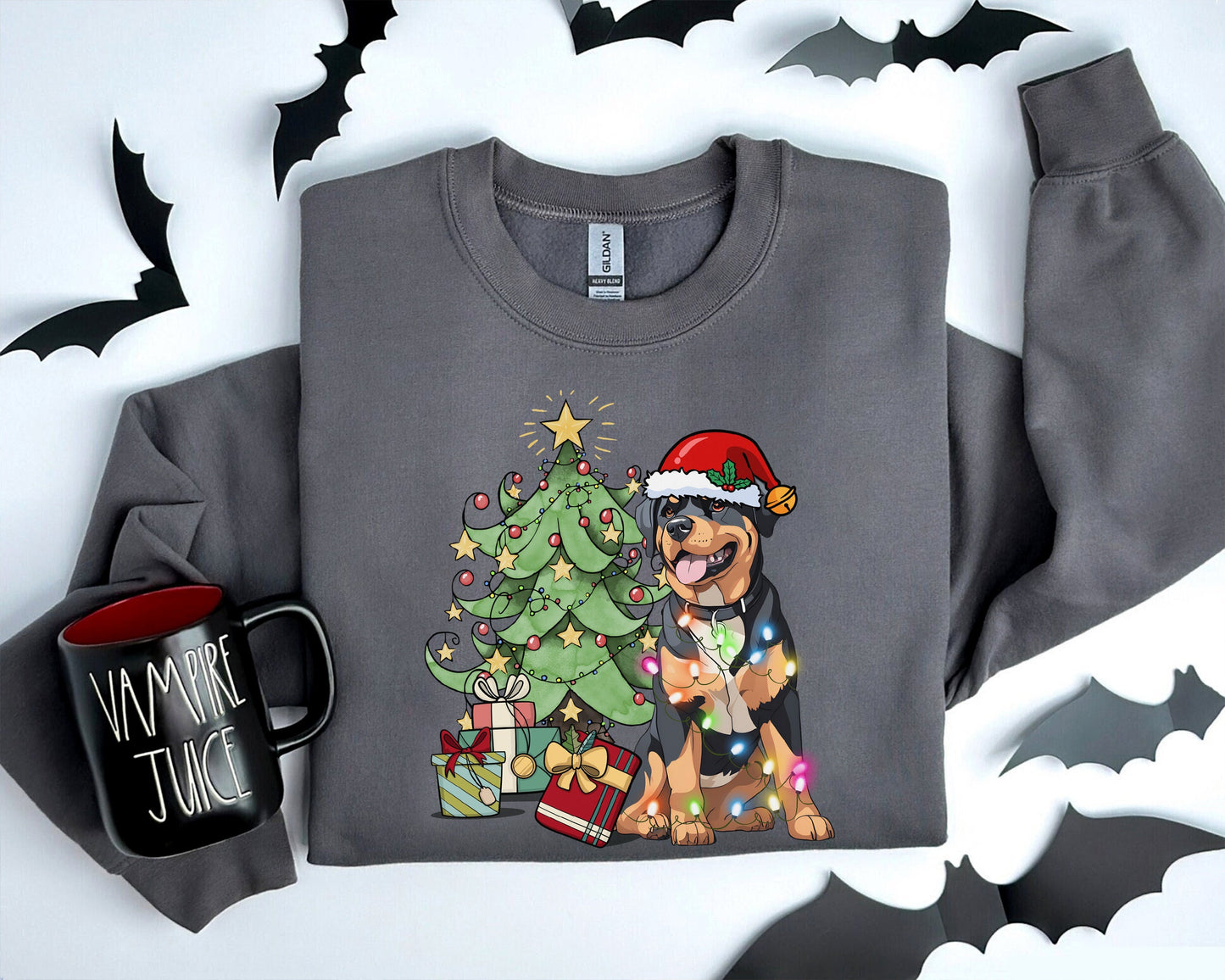 Rottweiler Christmas Sweatshirt, Rottweiler Sweatshirt, Rottweiler Xmas Gift, Rottweiler Christmas Tree, Rottweiler Christmas Tree Light Tee