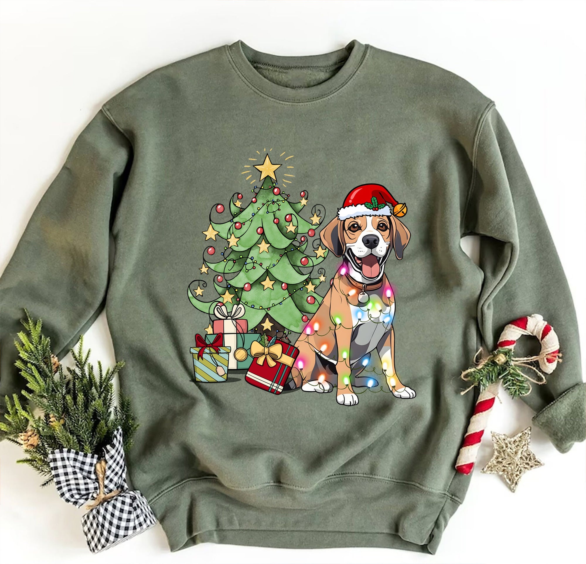 Beagle Christmas Sweatshirt, Beagle Xmas Gift, Beagle Christmas Tree, Beagle Christmas Tree Light Shirt, Beagle Xmas Tee