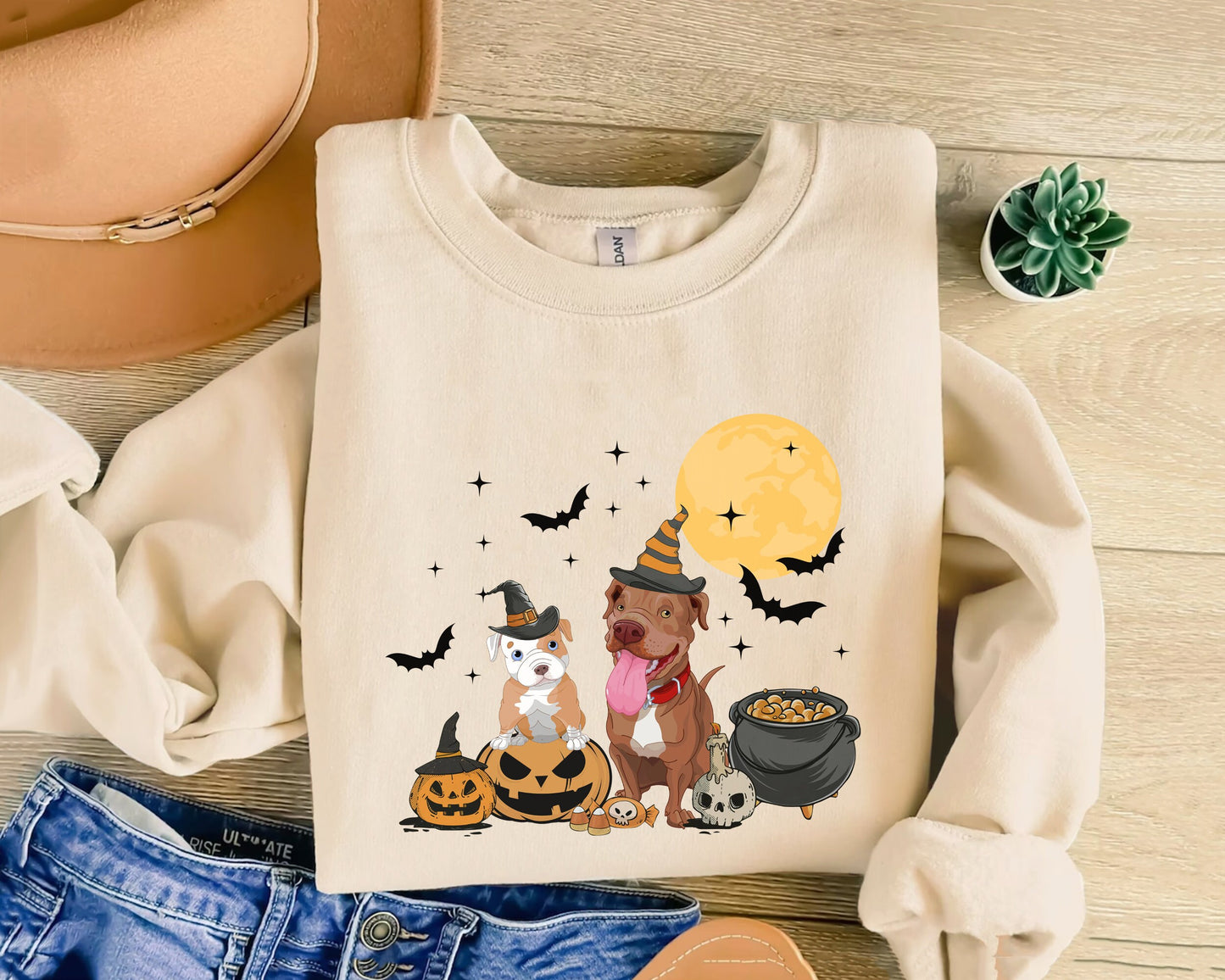 Pit Bull Dog And Moon Sweatshirt, Ghost And Witch Pit Bull Shirt, Witch Pit Bull Shirt, Pit Bull Halloween Shirt, Pit Bull Moonlight Shirt