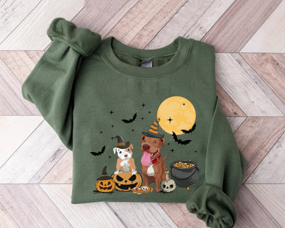 Pit Bull Dog And Moon Sweatshirt, Ghost And Witch Pit Bull Shirt, Witch Pit Bull Shirt, Pit Bull Halloween Shirt, Pit Bull Moonlight Shirt