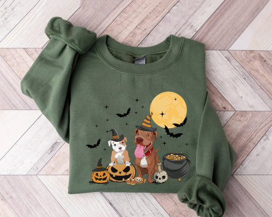 Pit Bull Dog And Moon Sweatshirt, Ghost And Witch Pit Bull Shirt, Witch Pit Bull Shirt, Pit Bull Halloween Shirt, Pit Bull Moonlight Shirt