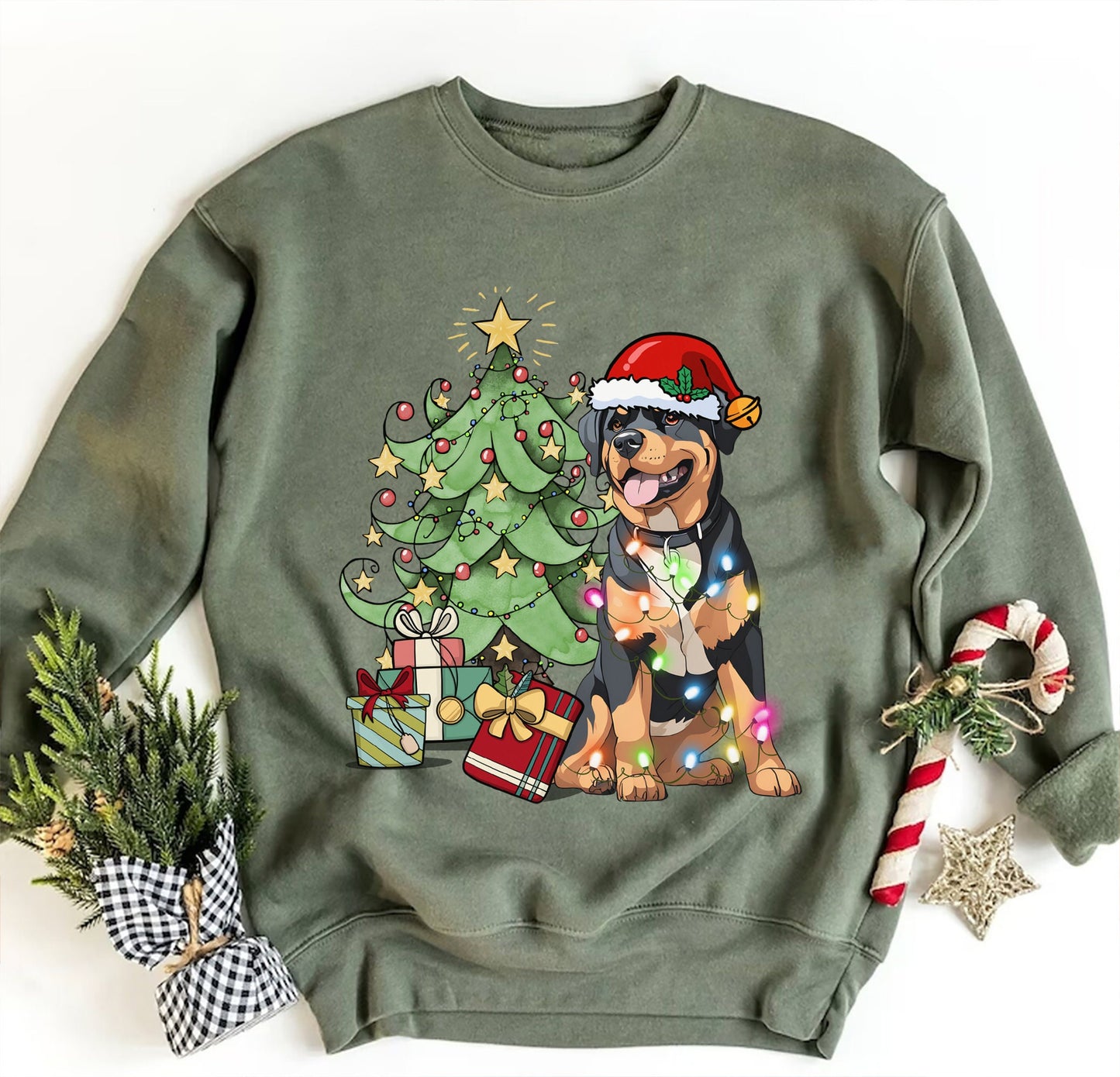 Rottweiler Christmas Sweatshirt, Rottweiler Sweatshirt, Rottweiler Xmas Gift, Rottweiler Christmas Tree, Rottweiler Christmas Tree Light Tee