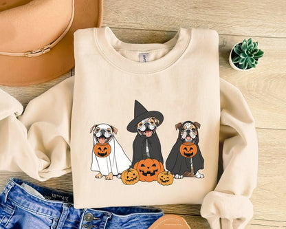 Ghost And Witch Bulldog Sweatshirt, Ghost Bulldog Shirt, Witch Bulldog Shirt, Bulldog Halloween Sweatshirt, Ghost And Witch Dog Shirt