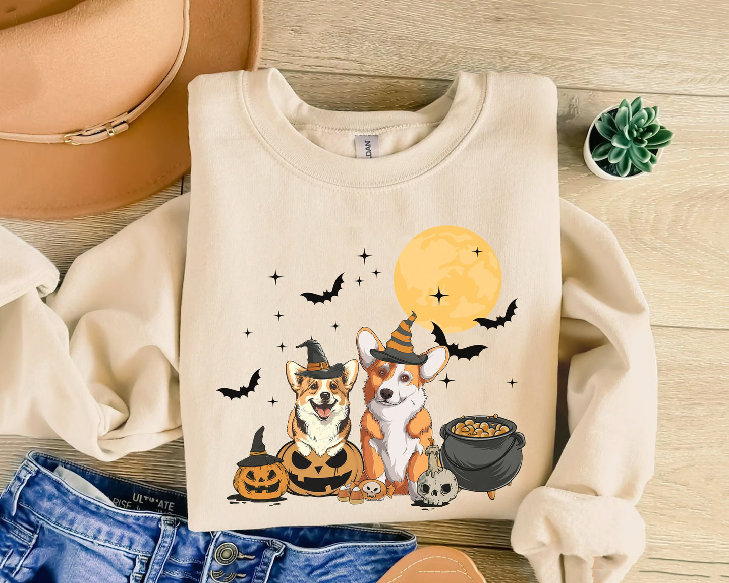 Corgi Dog And Moon Sweatshirt, Witch Corgi Sweatshirt, Corgi Halloween Sweatshirt, Corgi Moonlight Shirt