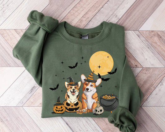 Corgi Dog And Moon Sweatshirt, Witch Corgi Sweatshirt, Corgi Halloween Sweatshirt, Corgi Moonlight Shirt