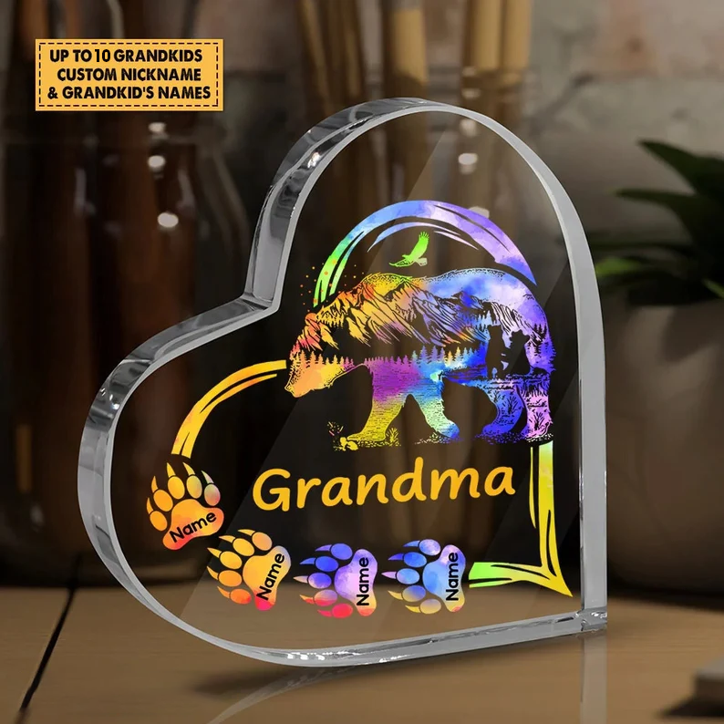 Mother's Day Grandma Bear With Colorful Paws Heart Shaped Acrylic Plaque, Custom Names Heart Shaped Acrylic, Personalized Gift For Grandma, Mimi, Nana
