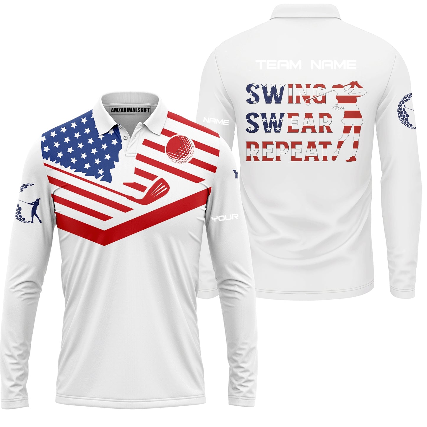 Personalized Golf Long Sleeve Polo American Flag 4th July Patriot, Golf Custom Shirt For Golf Players, Gift For Golfers