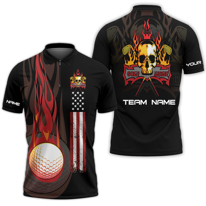 Golf Zip Polo Shirt - Flame Skull Golf Ball American Flag Custom Name Apparel - Personalized Gift For Golf Lover, Team, Husband, Men, Patriotic